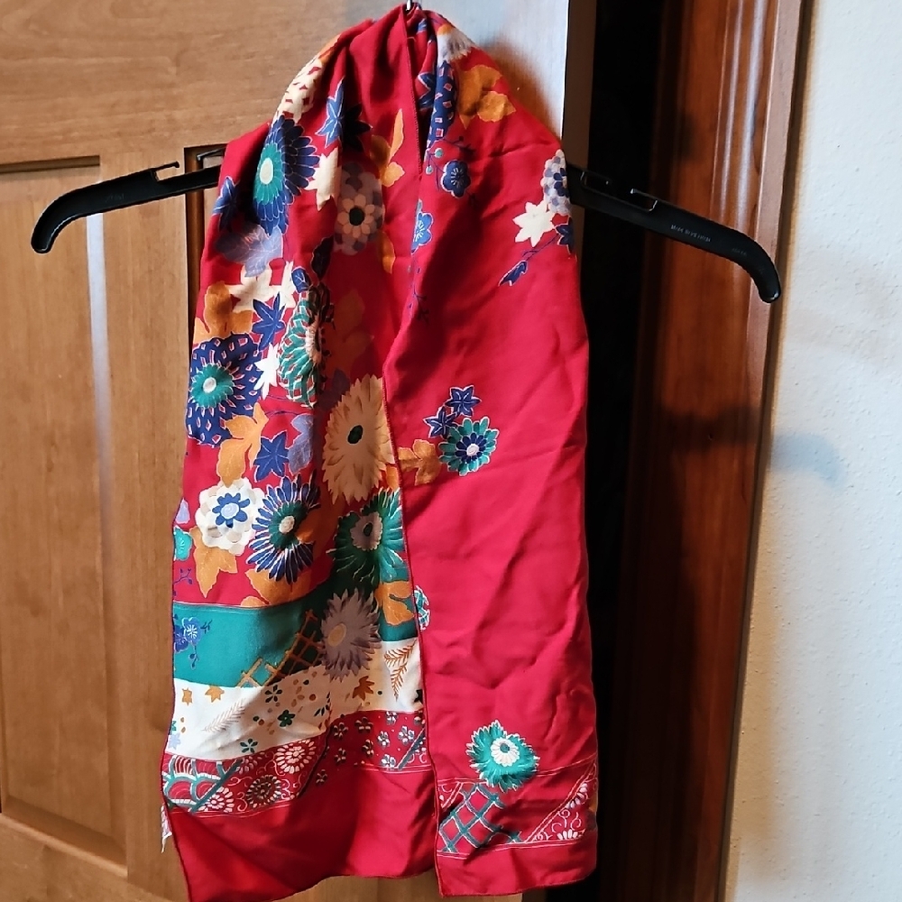 Vintage Rayon Floral Red Scarf